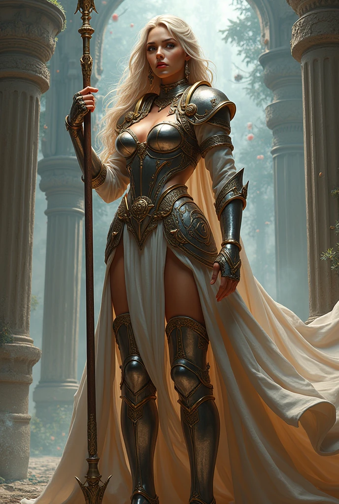 dynamic lighting, volumetric lighting maximalist photo illustration: by Marton bobzert, 8k resolution concept art intricately detailed, complex, elegant, majestic, ecstasy, fantastical, aspect ratio:16:9, shining armour, Fantasydetailers, a woman in armour, standing holding a spear, Fantasy detailers, looking_at_viewer, front view, sexy woman, big breasts,