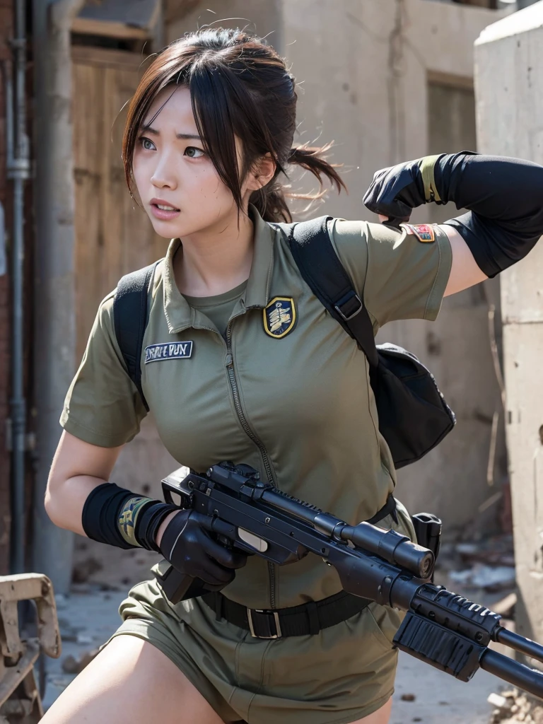 Female soldier fighting in a war-torn city,Heavy breathing,Sweaty,Running in combat uniform,Has a machine gun,