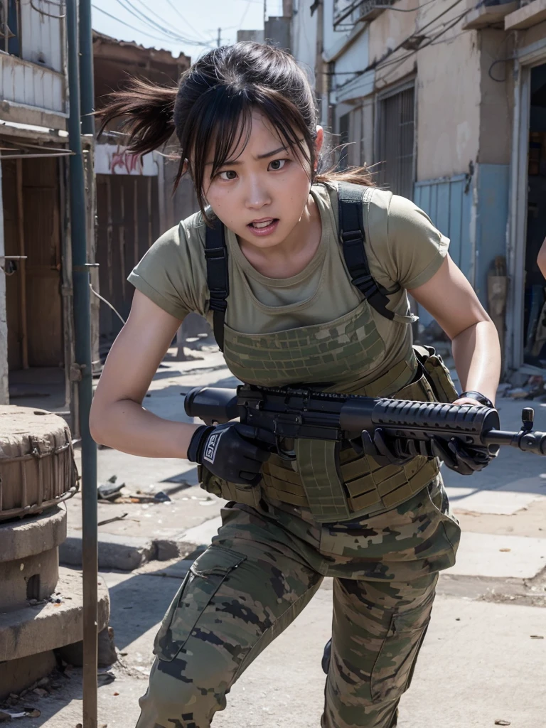 Female soldier fighting in a war-torn city,Heavy breathing,Sweaty,Running in combat uniform,Has a machine gun,