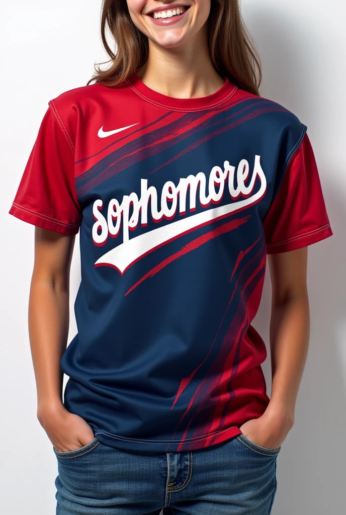 shirt that says sophomeres with the colors navy blue, Red and white