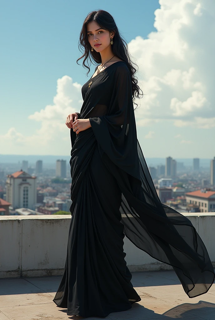 A girl in black shari standing on a roof