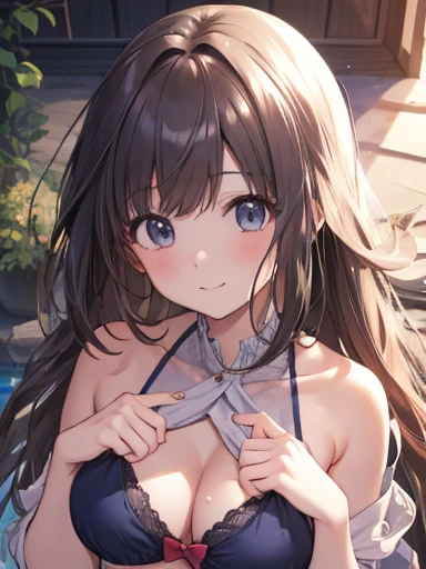 Very detailed、(8k, RAW Photos, highest quality, masterpiece:1.2), (Very detailed 8k wallpaper),shape、Professional Lighting,Sharp focus, Written boundary depth,
Browsing Caution, Clear Eyes, Perfect Anatomy,Girl, cute, adorable, smiling, from chest up, straight hair, long hair, black hair, clear weather, sweat, sunlight, from above, looking at the camera, heart hands,
make a heart(shape) with fingers, pool, daytime, wet, bikini