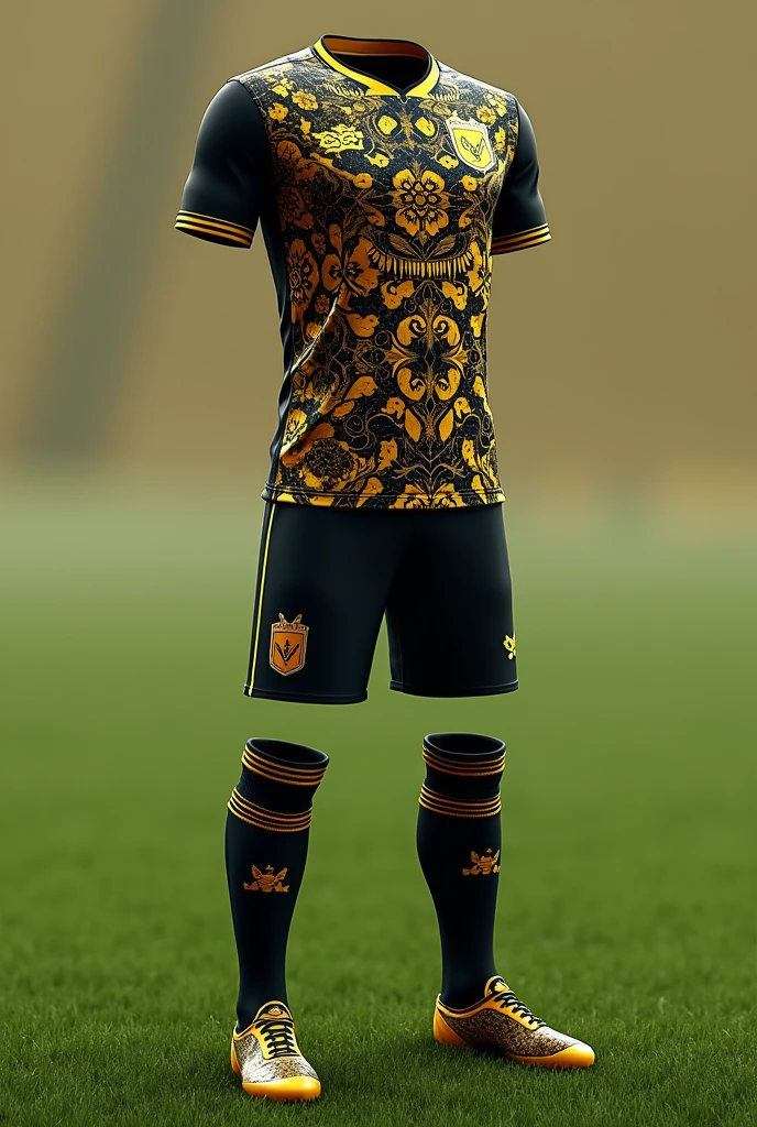 Thai pattern football kit with black and gold shorts and socks. The front and back are the away team. 
 
