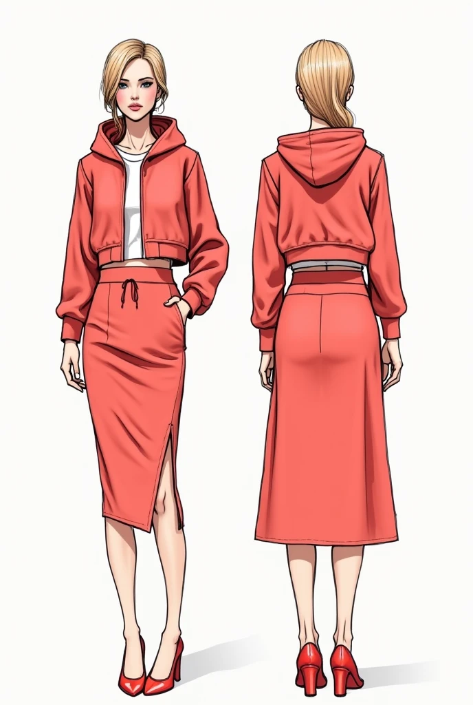Make a detailed sketch type sketch showing the front and back of an outfit with the following characteristics: Jacket: Design a short jacket with the following characteristics: Hooded sweatshirt: The jacket should include a hood to give it a relaxed and comfortable style.. Stretchy barbie screen: Use this soft material, fluid and breathable which is key to the theme of the collection. Details of striped backstrap loom: Add details made by artisans from Tolimán, Querétaro, to incorporate an artisanal and cultural touch. Skirt: Design a midi skirt with the following characteristics: side slits: It incorporates openings on the sides to add dynamism and movement to the garment.. High crossed waistband: The waistband should be high and crossed to provide greater compression and stylize the figure.. Color coral: Make sure the skirt is in a coral shade that follows the spring-summer 2025 trends. Combination: Make sure the coral jacket and skirt complement each other., and that the handcrafted details on the jacket blend harmoniously with the modern design of the skirt.. A drawing of the front and another of the back.