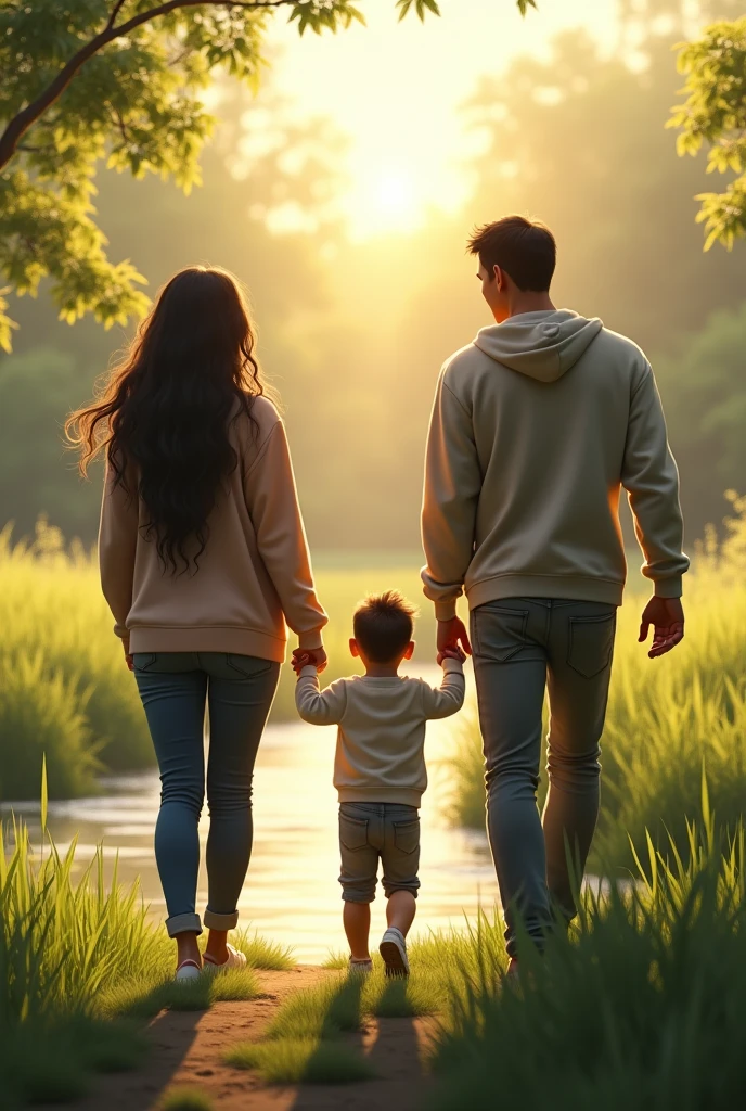 silhouette, of a mother with long, loose hair and dark skin, medium build, padre de medium build e hijo pequeño, the three dressed in jeans and sweatshirts, walking hand in hand, at noon, near a river, surrounded by green grass in the sunny field