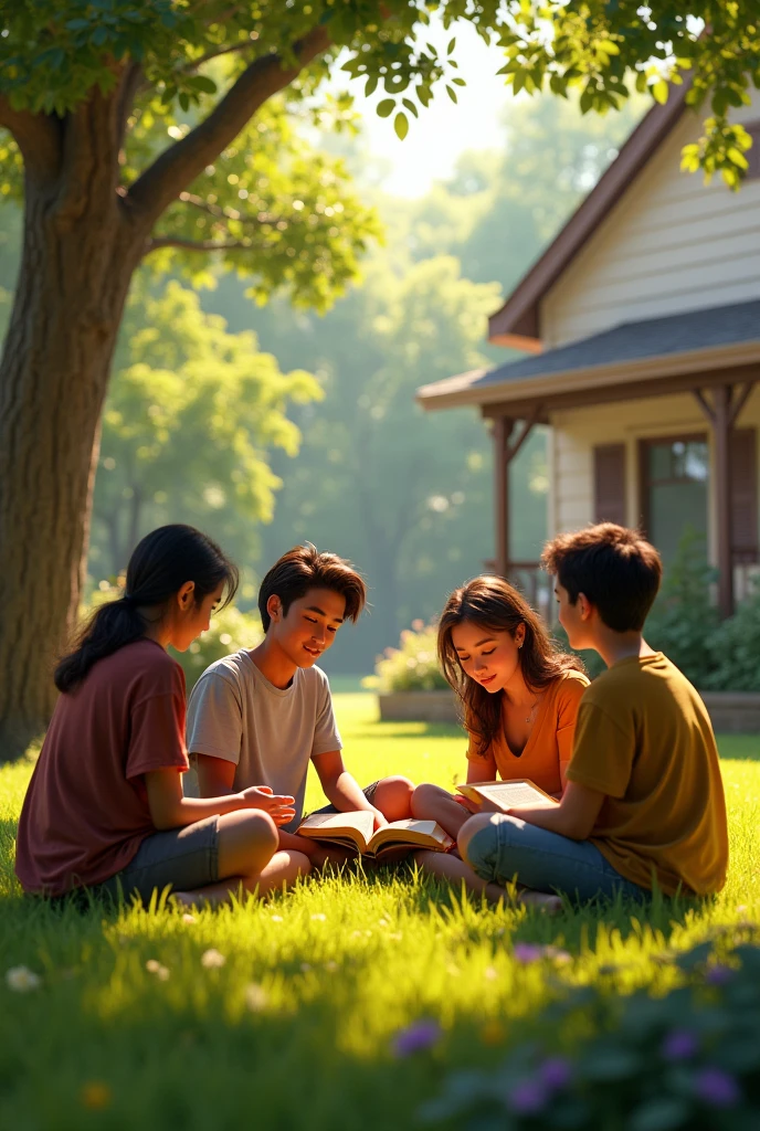 Young adults reading the Bible in the backyard of a house, Afternoon. Pixar style.