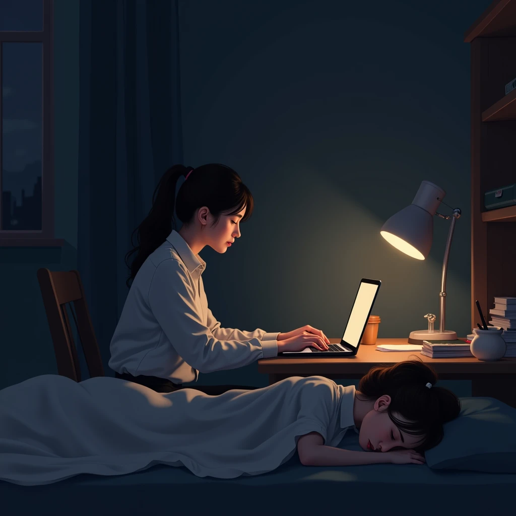 Late Night、A woman working on her laptop while being careful not to wake up her girlfriend who is already asleep in bed