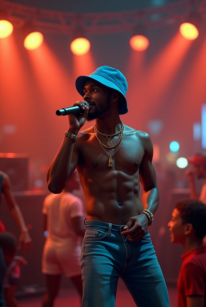 Full Body of a Realistic Caribbean Black Man with haircut inspired by flora with olive skin,
Dancehall Music Singer, Blue Color bucket Hat in Blue Color, taking a singing position with one microphone in his Hand, against two soundsystem subwoofers as if he is singing in reality, People are dancing around him, during the night, summer clothes, bokeh background, caribbean outdoors background, attire,3D effect through expert shading, smooth textures, vivid colors, Hourglass Shape,16k