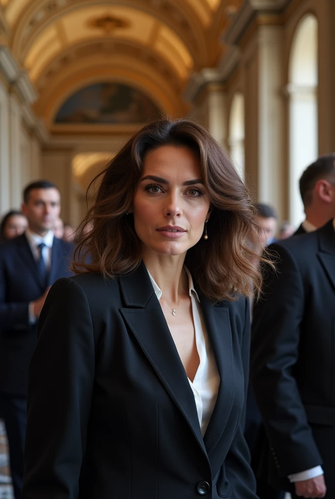 Photo of a white woman, medium brown wavy hair. At a congress in Paris