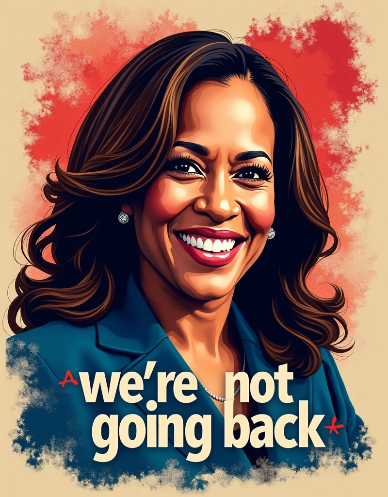 Empowered Woman Portrait Poster A bold and colorful pop-art style portrait of an empowered woman, smiling confidently, Vote For 2024 President Kamala Harris, with the phrase "WE'RE NOT GOING BACK" written in large, block letters beneath. The design features a grunge texture overlay and a mix of red, blue, and beige colors, symbolizing strength and unity.