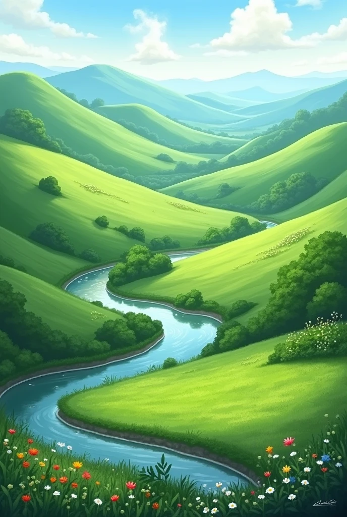 Landscape of hills with a river