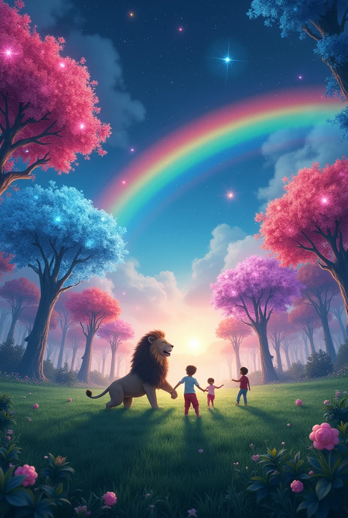 realism to the fullest, rainbow at night with black and starry sky, large green field with lion playing with children, pink trees, blue trees, white trees, Trees with shining fruits.
