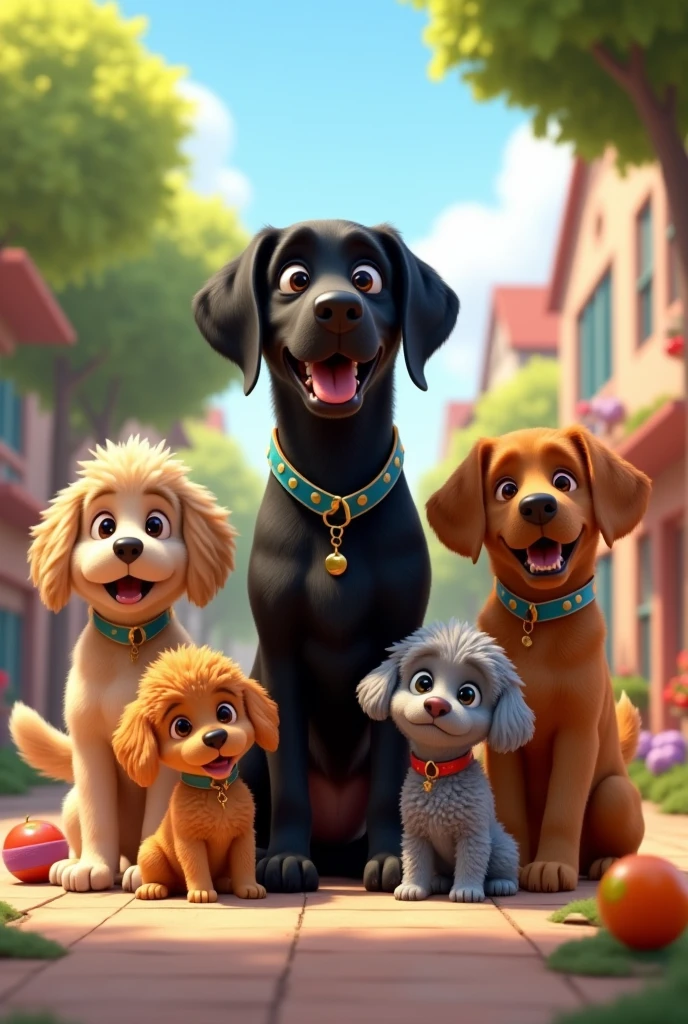 Pixar cartoon of six dogs, One of them a black Labrador, another a grey mini poodle
