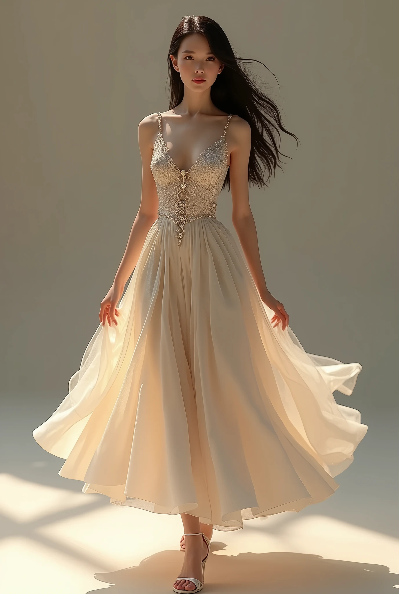 Create a photo of a woman wearing a knee-length dress