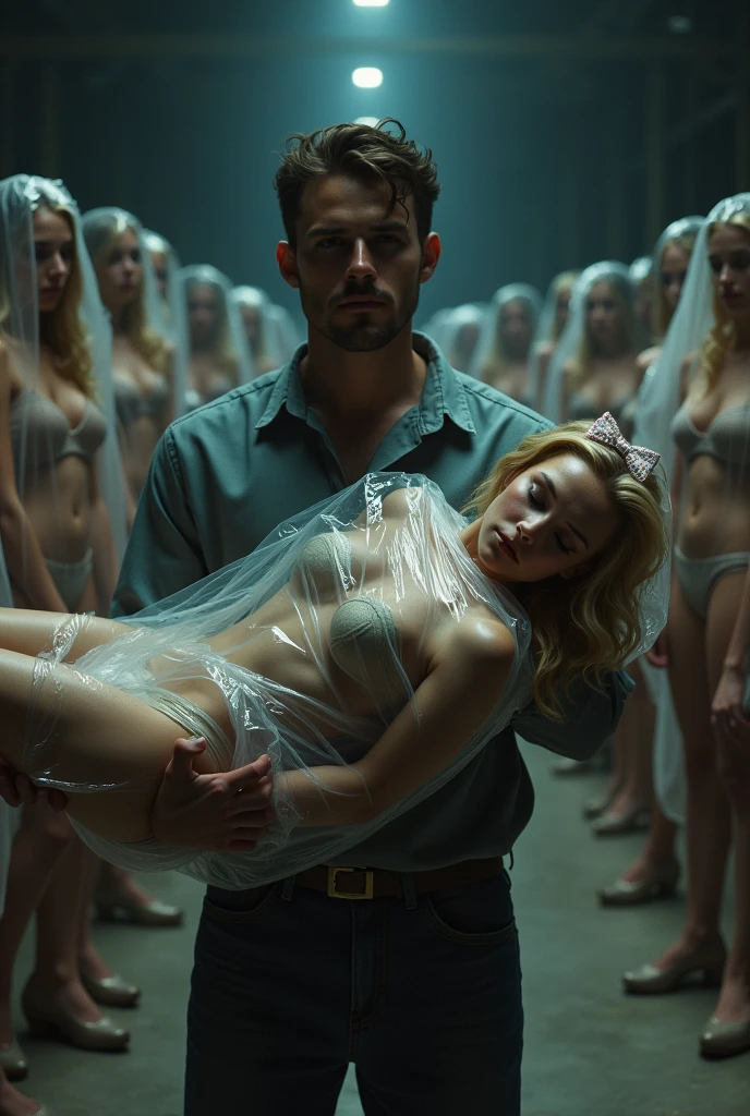 3 very tall girls kidnap a guy, make him do something, beat him up and put him in a big glass bowl