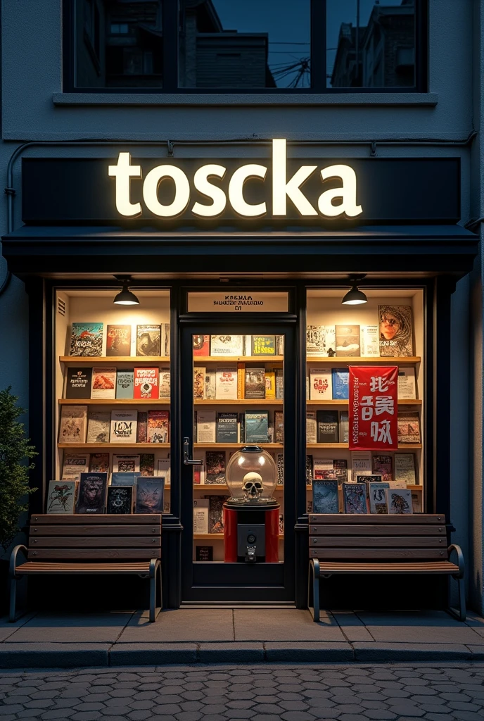South Korean publishing showcase, sign with the word тоска, magazines books gazettes manhwas, Low lights, wide windows hyper realistic black walls, benches outside, gumball machine at the exit, a sign with a skull stuck to the window