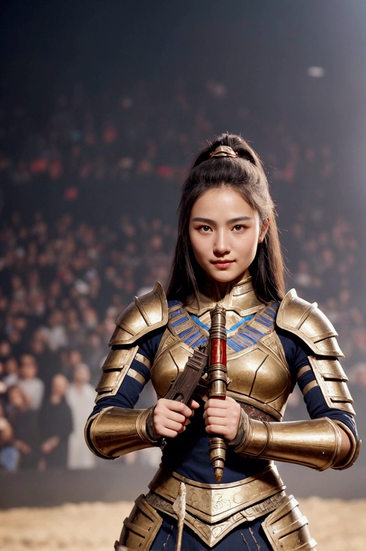 A beautiful girl in the guise of an ancient warrior, adorned with powerful armor, holds a radiant weapon in her hand, creating a strong and captivating image. The scene is set in an arena with a large audience, captured in high-quality photography." Soft smile
