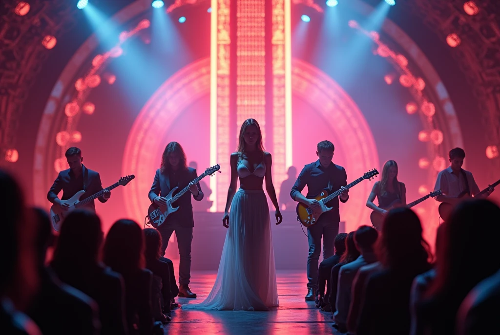 A movie-like scene featuring an American rock band and an American female singer called Serena.