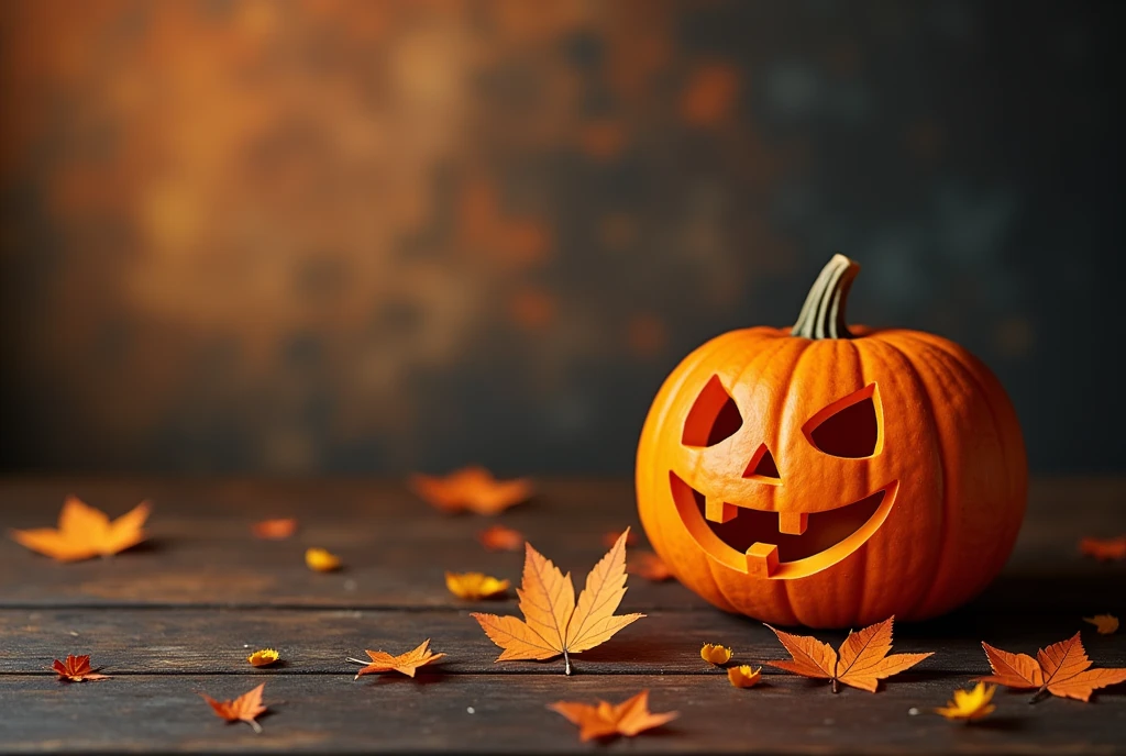 A Halloween pumpkin placed on one side of the image, with decorated space