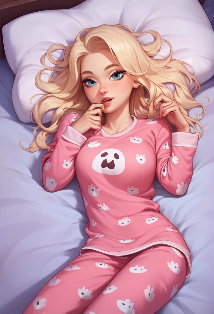 Kizi, slim, long blonde hair (messy). eyes browns. in pajamas. is agreeing. lying on her bed. seducing gaze.