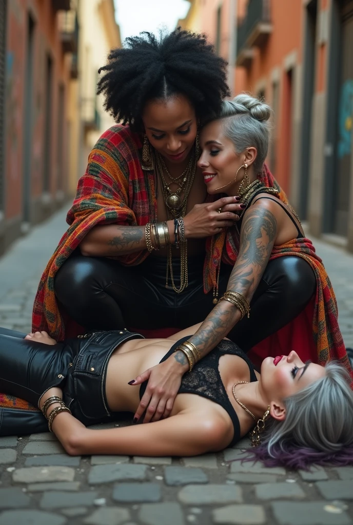 Three russian old milf women: the strong, muscular , dominant dark skinned gipsy woman (black afro, long african traditional colourful tunic, barefoot), squatting with possessive stance (arms around her two girlfriends' necks). At her feet, lying on the ground,her two caucasian girlfriends groping and kissing each other, weak, light grey hair, submissive and needy, feeling defeated and needy, in laid back postures with hands touching their thongs or their necks or chest, looking at each other with open mouths, arched back, different clothes but all wearing clothes in rock chic style. grey hair (bouffant, top bun, shaved sides). Big lips. Black lace push up bras, silicone breasts,, low rise skinny leather jeans. Both Barefoot.. Lots of thick wide studded bracelets, chain necklaces and big rings,. Long earrings with chains and feathers. Chains around their hips. Lounging lazily on the ground with bended knees, separated legs and arched backs. Lazy, leaning back, laid back pose, separated legs. Neck tattoed, chest tattoed, stomach tattoed, feet, hands, arms and wrists heavily tattoed. Toned abdominals, thin neck, slim legs and thin arms. Narrow hips. Both, open legs. Full body. At a Madrid narrow street with graffitied walls.