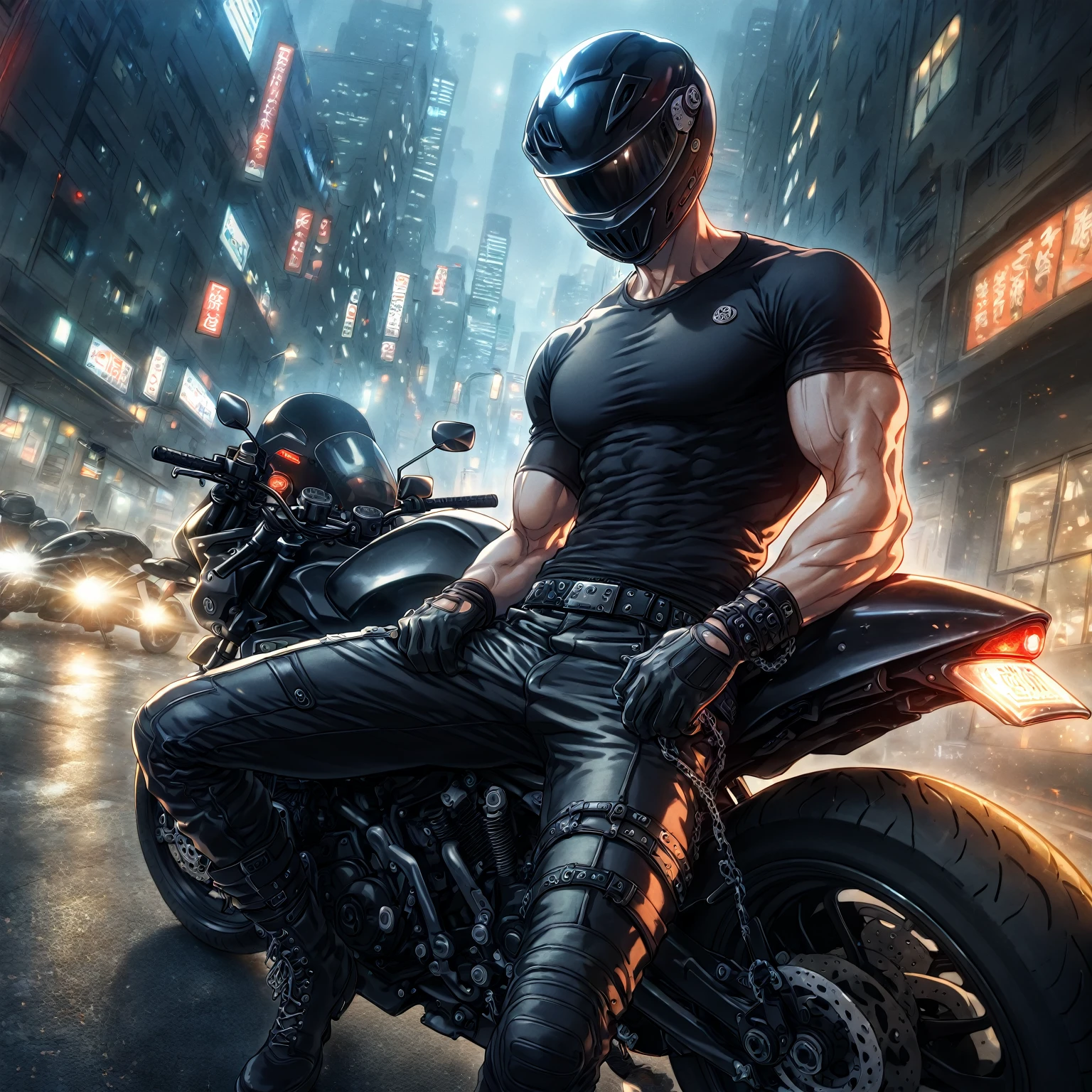 absurdres, highres, ultra detailed, HDR, master piece, best quality, man wearing a black motorcycle helmet that hides his entire face, solo, sensual, black tight T-shirt, toned, black gloves, black pants, belt, chains, black boots, leaning against a motorcycle, city, lights, buildings, street, jujutsu kaisen, anime