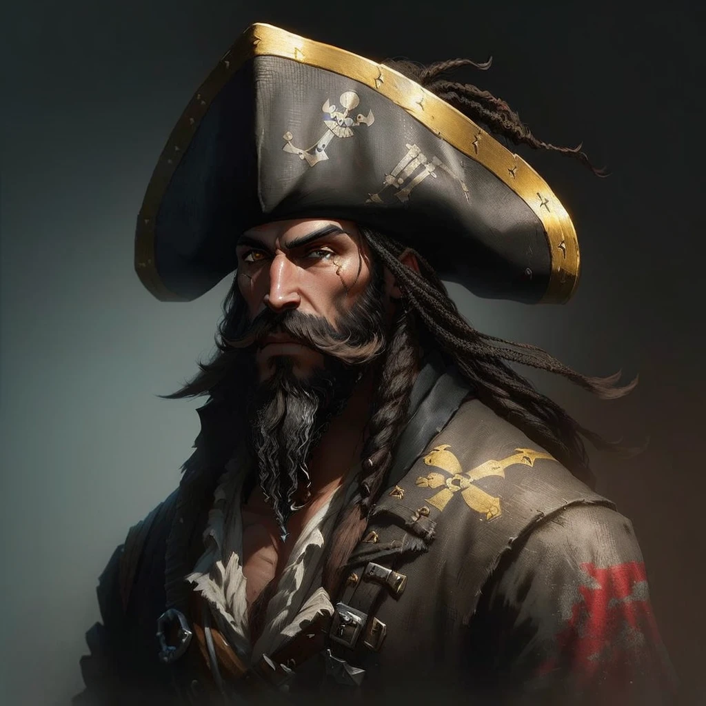 pirate with a beard and a hat on, pirate portrait, swashbuckler class pirate, black beard, pirate captain, pirate, a pirate, character concept art portrait, painted character portrait, character portrait art, character art portrait, character - portrait, long black beard, sea of thieves style, bald male swashbuckler, pirate themed, high quality portrait