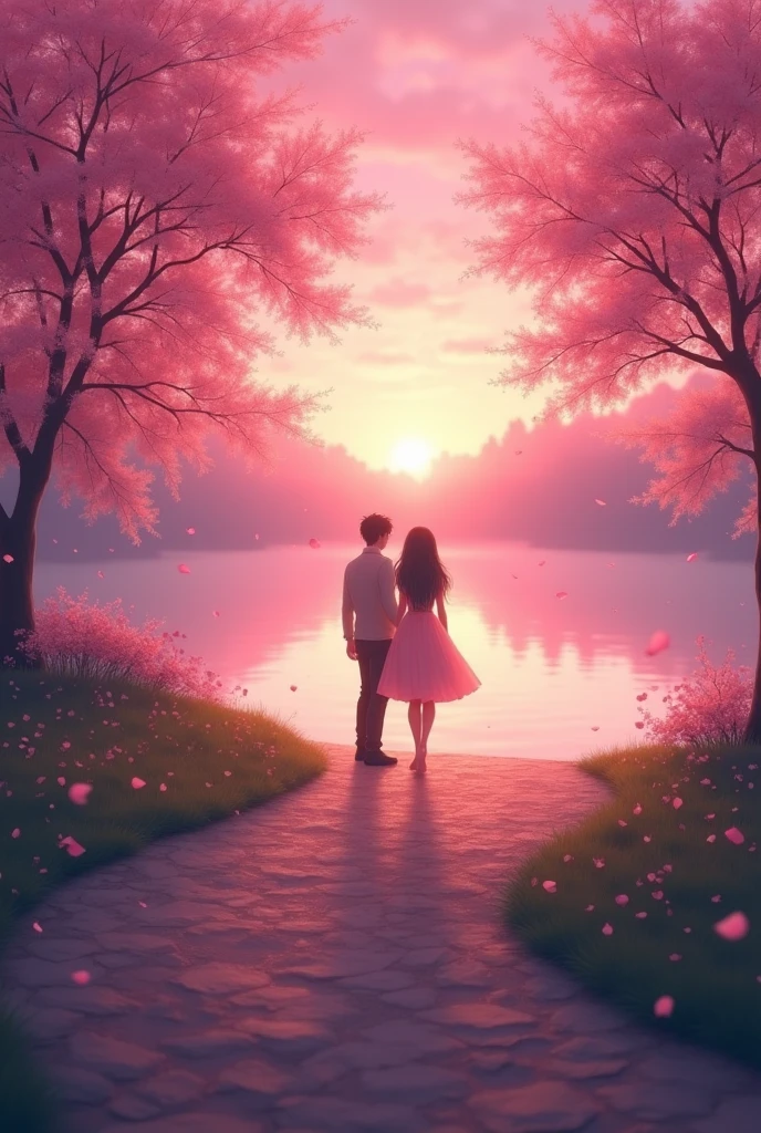 Create a dreamy, romantic scene bathed in soft pink hues, symbolizing love, warmth, and new beginnings. The setting is a tranquil park at sunset, where the sky is painted in rich shades of pink, from soft blush to deep rose. The light of the setting sun casts a gentle, warm glow over the scene, with pink reflections dancing on a calm lake in the background.

In the foreground, a pathway winds through lush greenery, but the plants and flowers are tinged with pink, adding to the ethereal atmosphere. Along the path, delicate pink cherry blossom petals float gently in the air, caught in a light breeze, symbolizing fleeting yet significant moments.

At the end of the path, where the horizon meets the sky, two figures stand together, silhouetted against the glowing pink sunset. Their forms are soft and indistinct, suggesting that they are destined to meet but are still in the process of coming together. The overall atmosphere should feel peaceful, magical, and filled with the promise of a beautiful, destined encounter.