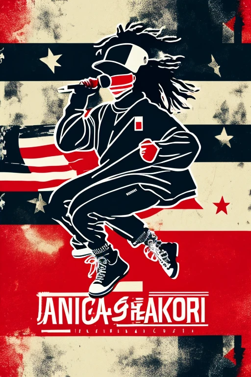 A background filled with Japanese flag in various sizes and colors、
Creative logo illustration of a silhouette with dreadlocks and red headphones,
Banksy、
A background completely filled with scattered musical notes in various sizes and colors, covering the entire screen.
singer、microphone、Japanese、
beautiful girl colorful image
Dance hiphop Dance CREW Waacking Dance
Punking
black medium hair black medium hair
Five fingers Baggy clothes Baggy clothes
HIPHOP crew、
the Japanese flag, background,patriotic,minimal,simple,bold colors,graphic,flat design,clean