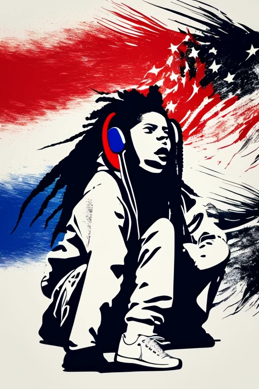A background filled with Japanese flag in various sizes and colors、

Creative logo illustration of a silhouette with dreadlocks and red headphones, 
Banksy、
A background completely filled with tered musical notes in various sizes and colors, covering the entire screen.
singer、microphone、Japanese、

beautiful girl colorful image

Dance hiphop Dance CREW  Waacking Dance

Punking 

black medium hair black medium hair 

Five fingers Baggy clothes Baggy clothes
HIPHOP crew、

the Japanese flag, background,patriotic,minimal,simple,bold colors,graphic,flat design,clean