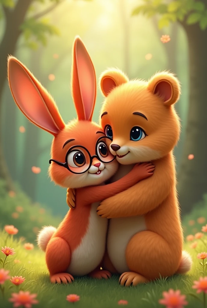 A female red rabbit with brown eyes and glasses hugging a male orange bear with blue eyes