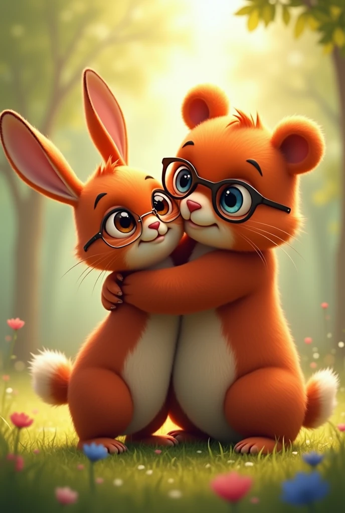 A female red rabbit with brown eyes and glasses hugging a male orange bear with blue eyes