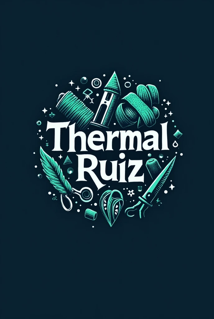 Logo of a textile industrial company called "thermal Ruiz srl" with distinctive colors in the blue and green brand and there are objects related to the manufacture of clothing