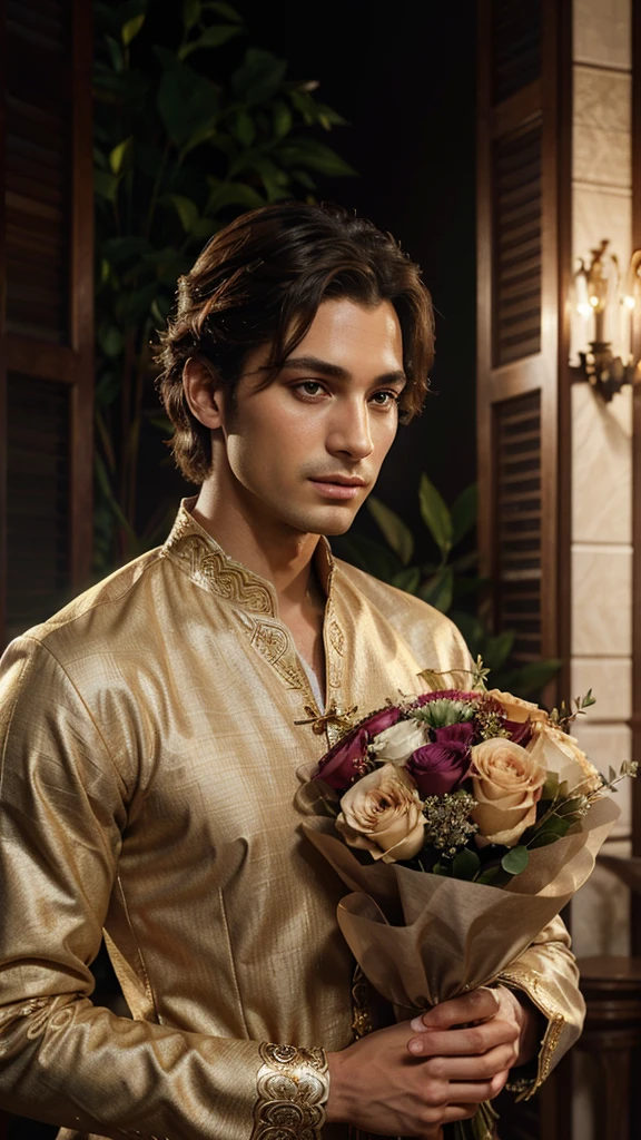 a handsome prince, prince holding a bouquet of flowers, prince asking for forgiveness, detailed facial features, beautiful eyes, detailed lips, long eyelashes, elegant attire, graceful pose, serene expression, photorealistic, highly detailed, 8k, hyperrealistic, professional digital art, dramatic lighting, warm color palette, intricate background, cinematic composition