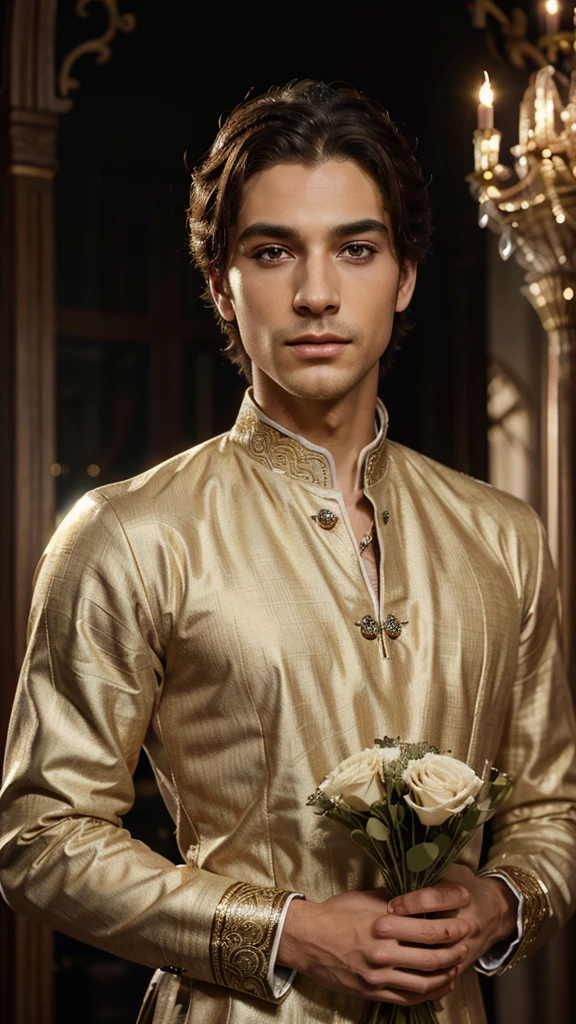 a handsome prince, prince holding a bouquet of flowers, prince asking for forgiveness, detailed facial features, beautiful eyes, detailed lips, long eyelashes, elegant attire, graceful pose, serene expression, photorealistic, highly detailed, 8k, hyperrealistic, professional digital art, dramatic lighting, warm color palette, intricate background, cinematic composition