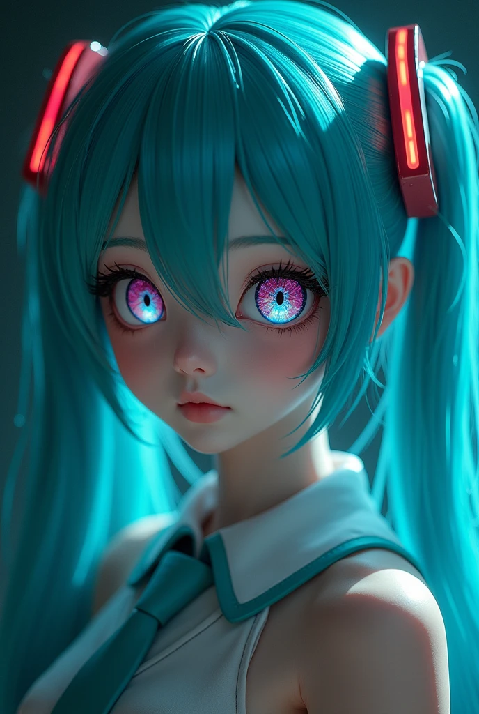 Genius cosplayer girl of Hatsune Miku, intricate detail Highly Detailed Eyes, Faded, 16K resolution, RAW, Nikon Z9, Creative, Masterpiece, Fantasy, High Definition, High Quality, 8k, Realistic, Dramatic Lighting, Soft Focus, Digital Illustration, Intricate Mechanics, Advanced Techniques, Dark Background Cinematic, High Contrast, High Contrast Atmosphere, (Best Quality, 4k, 8k, High Definition, Masterpiece: 1. 2), Ultra-Detailed, (Realistic, Graphic, Photorealistic: 1. 4) -- No Glass --AR 16:9 --Stylize 1000