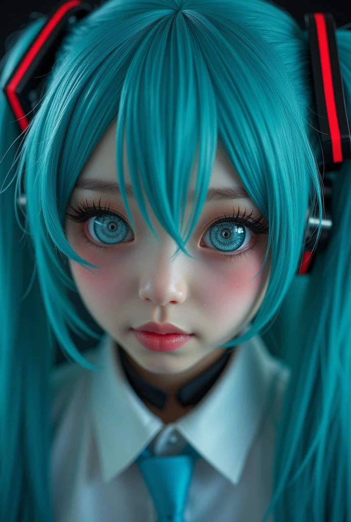 Genius cosplayer girl of Hatsune Miku, intricate detail Highly Detailed Eyes, Faded, 16K resolution, RAW, Nikon Z9, Creative, Masterpiece, Fantasy, High Definition, High Quality, 8k, Realistic, Dramatic Lighting, Soft Focus, Digital Illustration, Intricate Mechanics, Advanced Techniques, Dark Background Cinematic, High Contrast, High Contrast Atmosphere, (Best Quality, 4k, 8k, High Definition, Masterpiece: 1. 2), Ultra-Detailed, (Realistic, Graphic, Photorealistic: 1. 4) -- No Glass --AR 16:9 --Stylize 1000