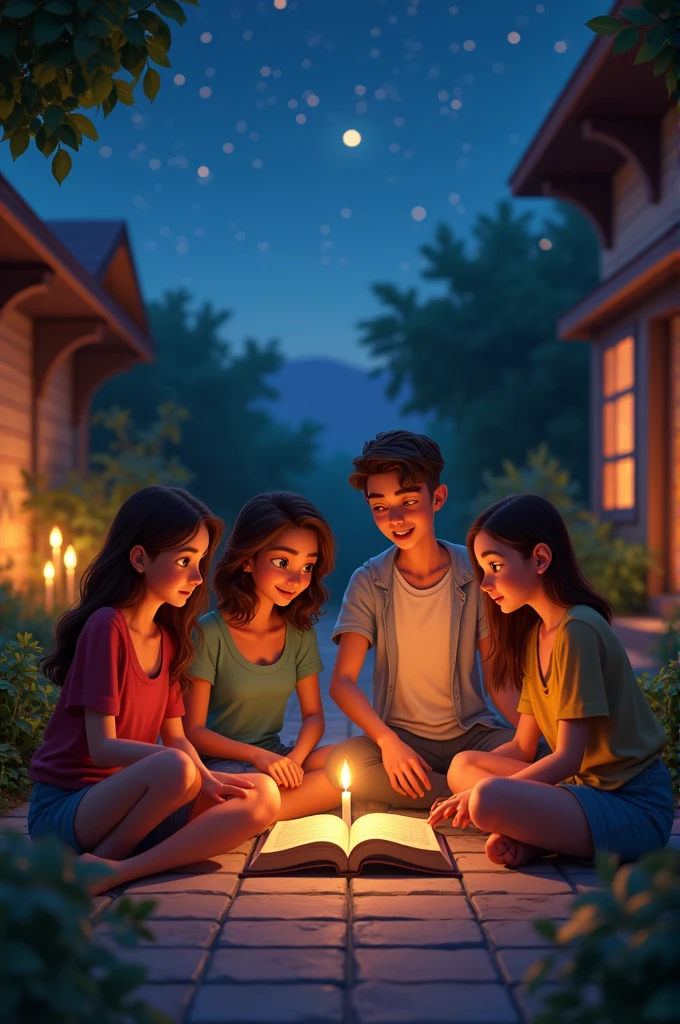 Young adults, reading the bible in the courtyard of a house, at night. And the Spirit of God enlightens them. Pixar style.