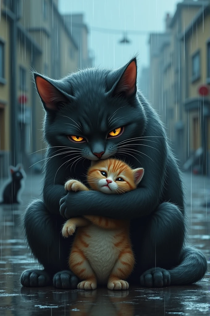 A heart-wrenching digital illustration of a large, tearful cat cradling a small, unconscious kitten in its paws. The scene is set on a rainy street, where the rain pours heavily, soaking both cats as they sit in the middle of the deserted road. The large cat's expression is one of deep sorrow and fear, its eyes filled with tears as it looks down at the kitten, who appears lifeless. In the background, a concerned cat watches from a distance, adding to the emotional gravity of the moment. The overall atmosphere is one of desperation and sadness, with the rain emphasizing the cold, somber mood of the scene."