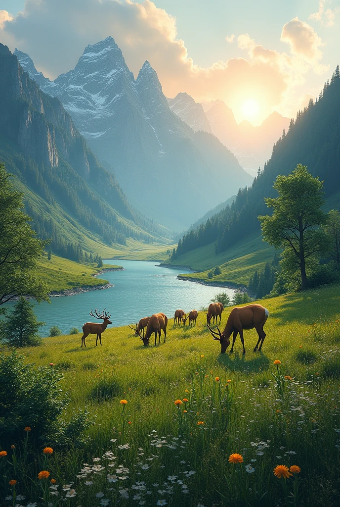 imagine a mountainous landscape at dawn. Spotlight, there is a green field covered in fresh grass and dotted with vibrant wildflowers. In the background, mountains covered in forest vegetation rise up. in the sky, you can see soft clouds and the sun beginning to rise. a river meanders from the mountains to the valley, and along its banks, There are trees and bushes. In the distance, a group of deer graze peacefully near a small lake.