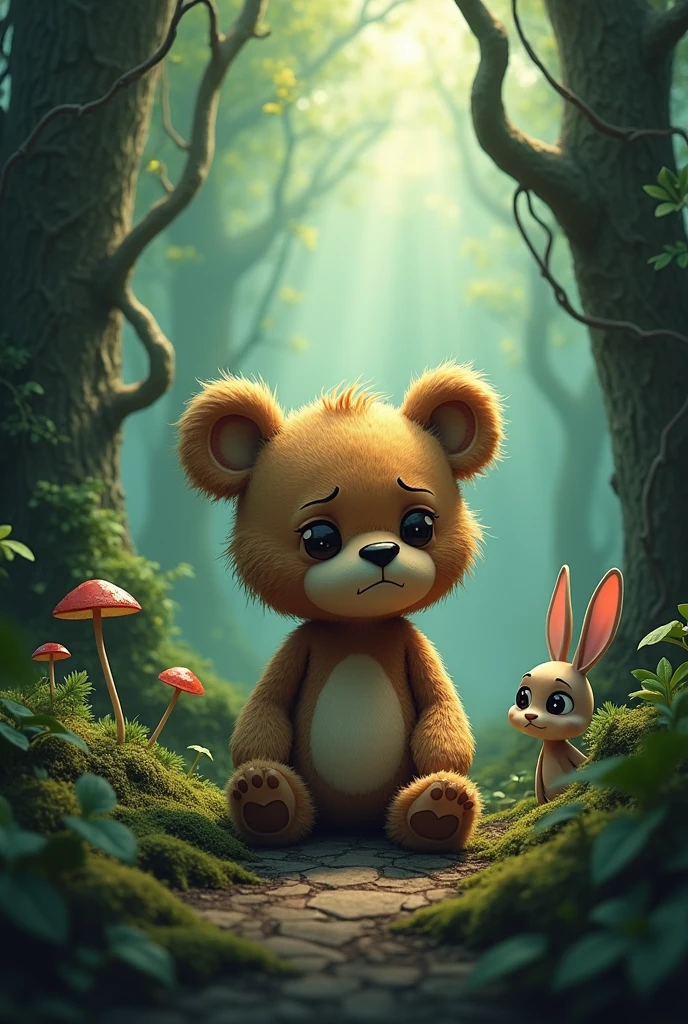 Create an image of a crying teddy bear lost in the forest and a cartoon rabbit 
