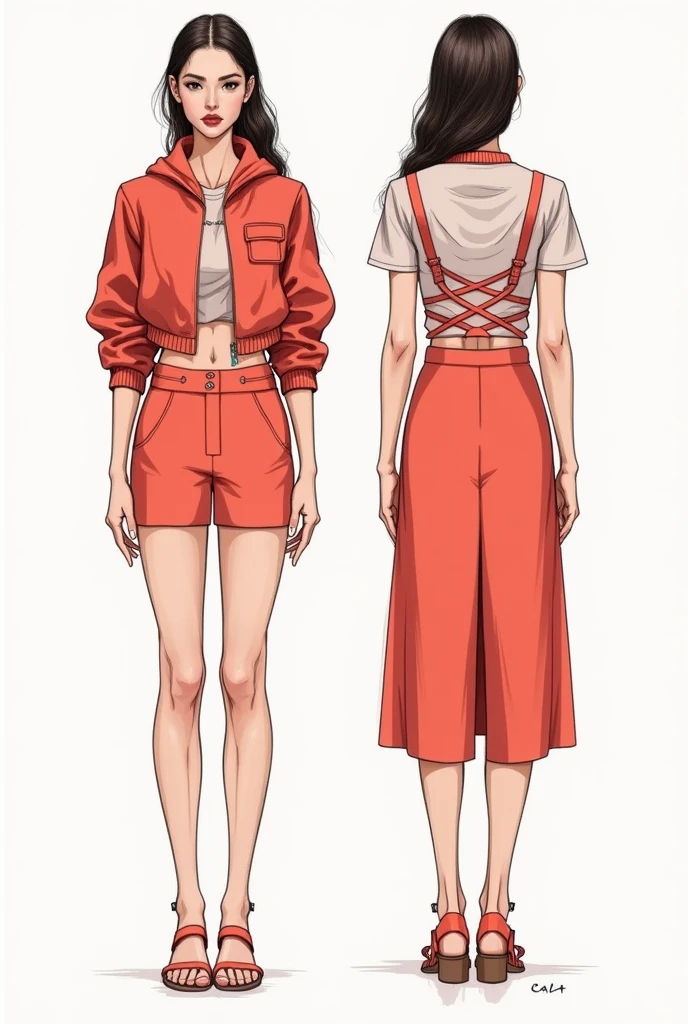 Make a detailed sketch that looks like it is hand drawn showing the front and back of an outfit with the following characteristics: Jacket: Design a short jacket with the following characteristics: Hooded sweatshirt: The jacket should include a hood to give it a relaxed and comfortable style.. Stretchy barbie screen: Use this soft material, fluid and breathable which is key to the theme of the collection. Details of striped backstrap loom: Add details made by artisans from Tolimán, Querétaro, to incorporate an artisanal and cultural touch. Skirt: Design a midi skirt with the following characteristics: side slits: It incorporates openings on the sides to add dynamism and movement to the garment.. High crossed waistband: The waistband should be high and crossed to provide greater compression and stylize the figure.. Color coral: Make sure the skirt is in a coral shade that follows the spring-summer 2025 trends. Combination: Make sure the coral jacket and skirt complement each other., and that the handcrafted details on the jacket blend harmoniously with the modern design of the skirt.. A drawing of the front and another of the back.