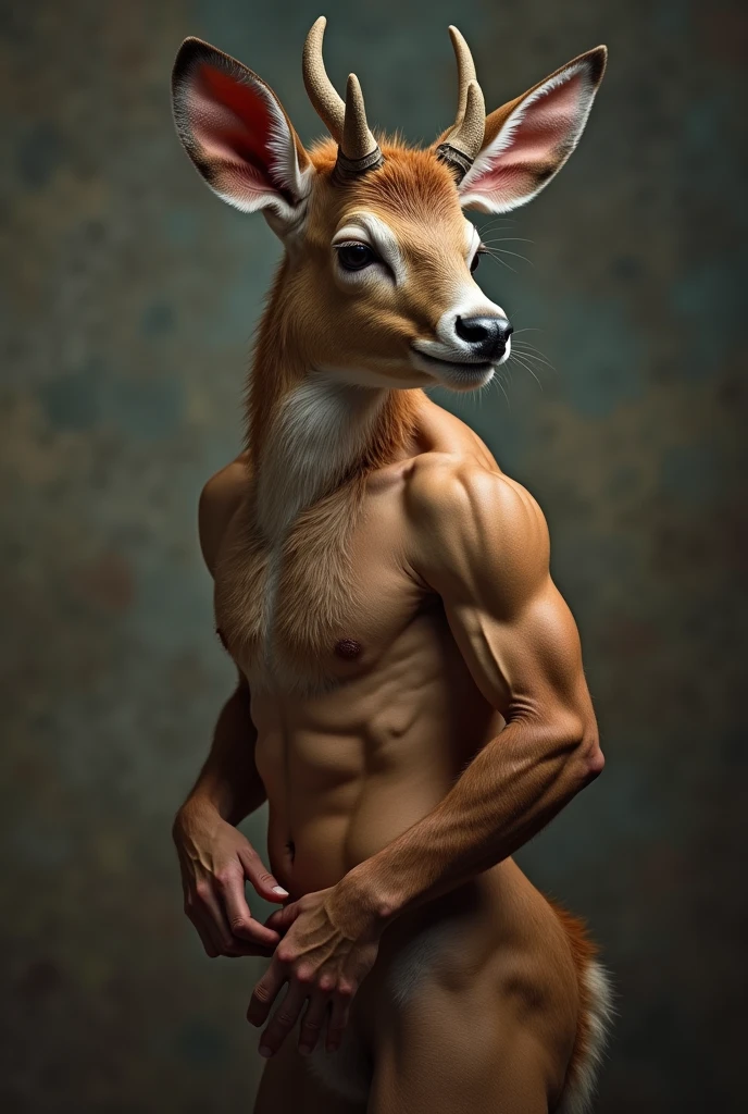 Furry deer, Muscular naked anthro with his penis out and jerking it with his hand