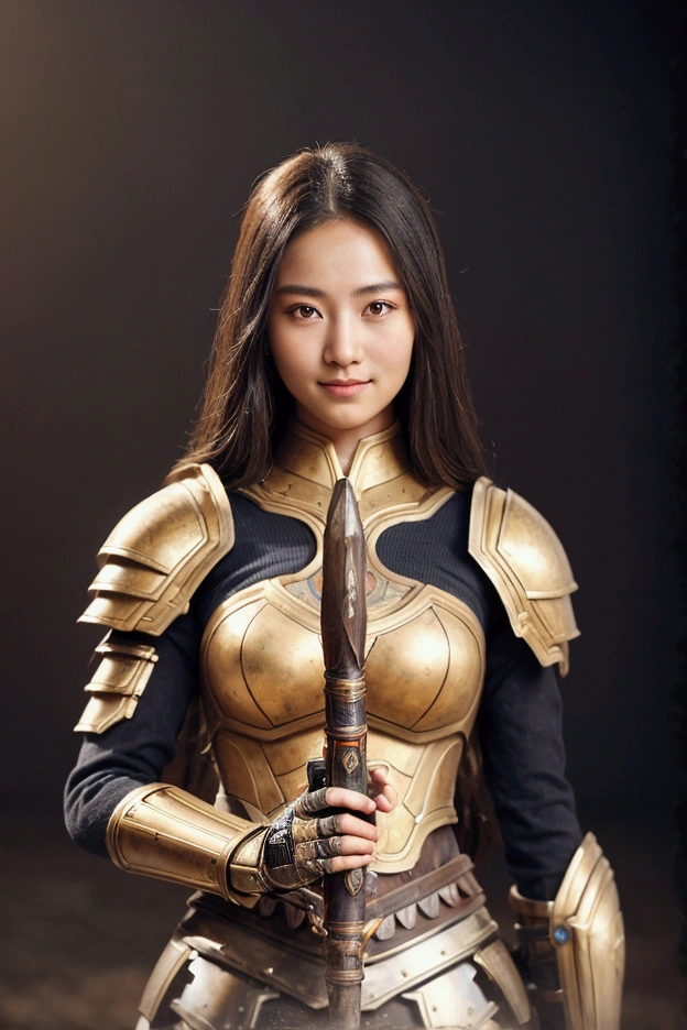 A beautiful girl in the guise of an ancient warrior, adorned with powerful armor, holds a radiant weapon in her hand, creating a strong and captivating image. The scene is set in an arena with a large audience, captured in high-quality photography." Soft smile