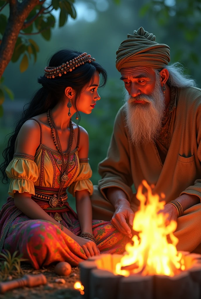 A young gypsy woman in colorful clothes and an older gypsy man in front of a bonfire.