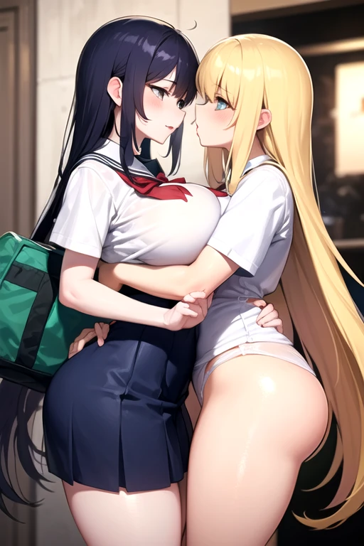 Lesbian (very long loose yellow hair)(big breasts, big thighs)(with school uniform clothes it is very tight) that he is kissing at school with his girlfriend,(big breasts, big thighs)lesbian love