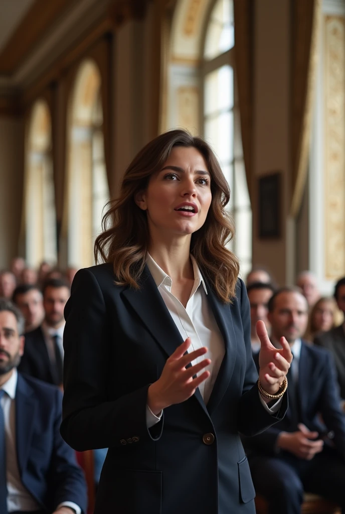 Photo of a young white woman, medium brown wavy hair. At a conference in Paris speaking
