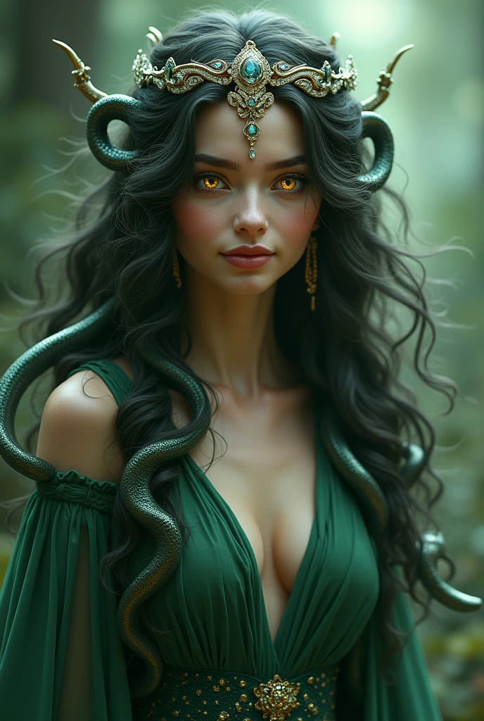 a girl with snake hair, with golden eyes, with a green dress  , with a smile, with a diamond tiara