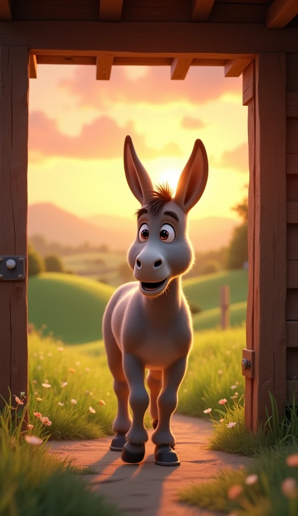 Draw a donkey coming out of the stable into the field on a farm. The farm should be picturesque and detailed, with green fields and a sunrise sky with soft orange and pink tones, in a 3D animated style.