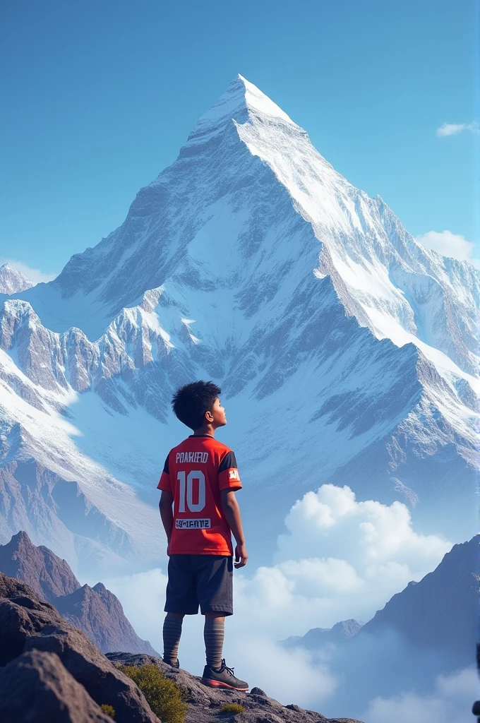 A boy watching mount everest, wearing a eSports jersey named RAVI.